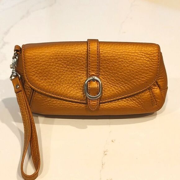 Talbot's Metallic Gold Pebbled Leather Wristlet Clutch Bag Silver Hardware - Picture 1 of 11